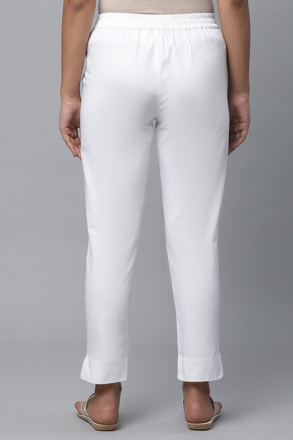Elleven Women's White Solid Straight Fit Cotton Pants With Elasticated Waist