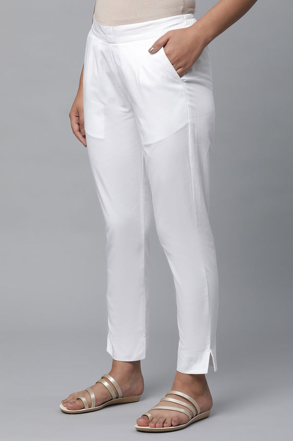 Elleven Women's White Solid Straight Fit Cotton Pants With Elasticated Waist