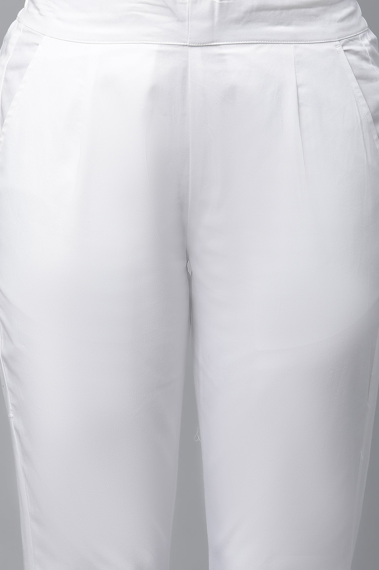 White Solid Straight Fit Cotton Pants With Elasticated Waist