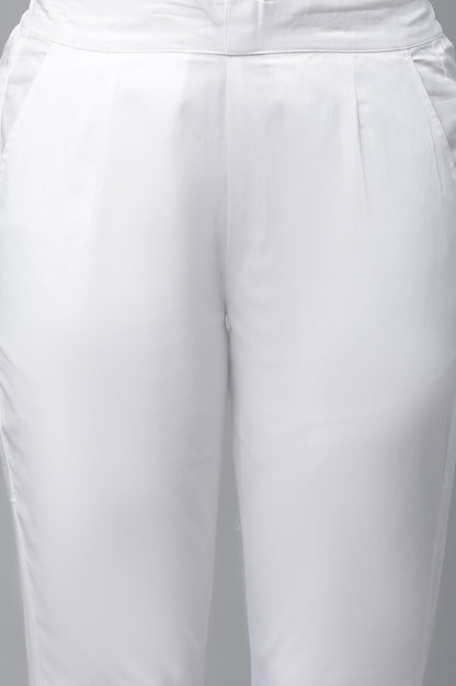 White Solid Straight Fit Cotton Pants With Elasticated Waist