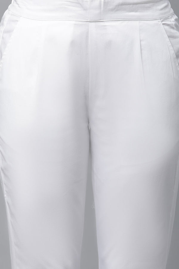 Elleven Women's White Solid Straight Fit Cotton Pants With Elasticated Waist