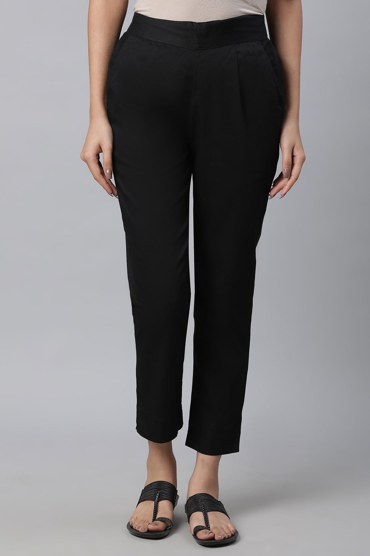 Elleven Women's Black Solid Straight Fit Cotton Pants With Elasticated Waist - XS