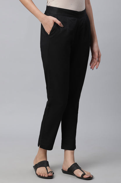 Black Solid Straight Fit Cotton Pants With Elasticated Waist