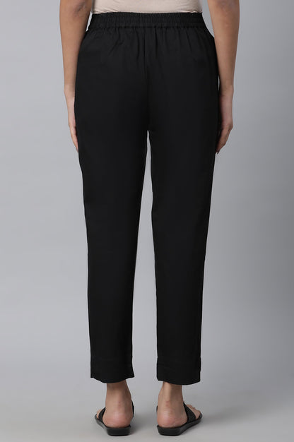 Black Solid Straight Fit Cotton Pants With Elasticated Waist