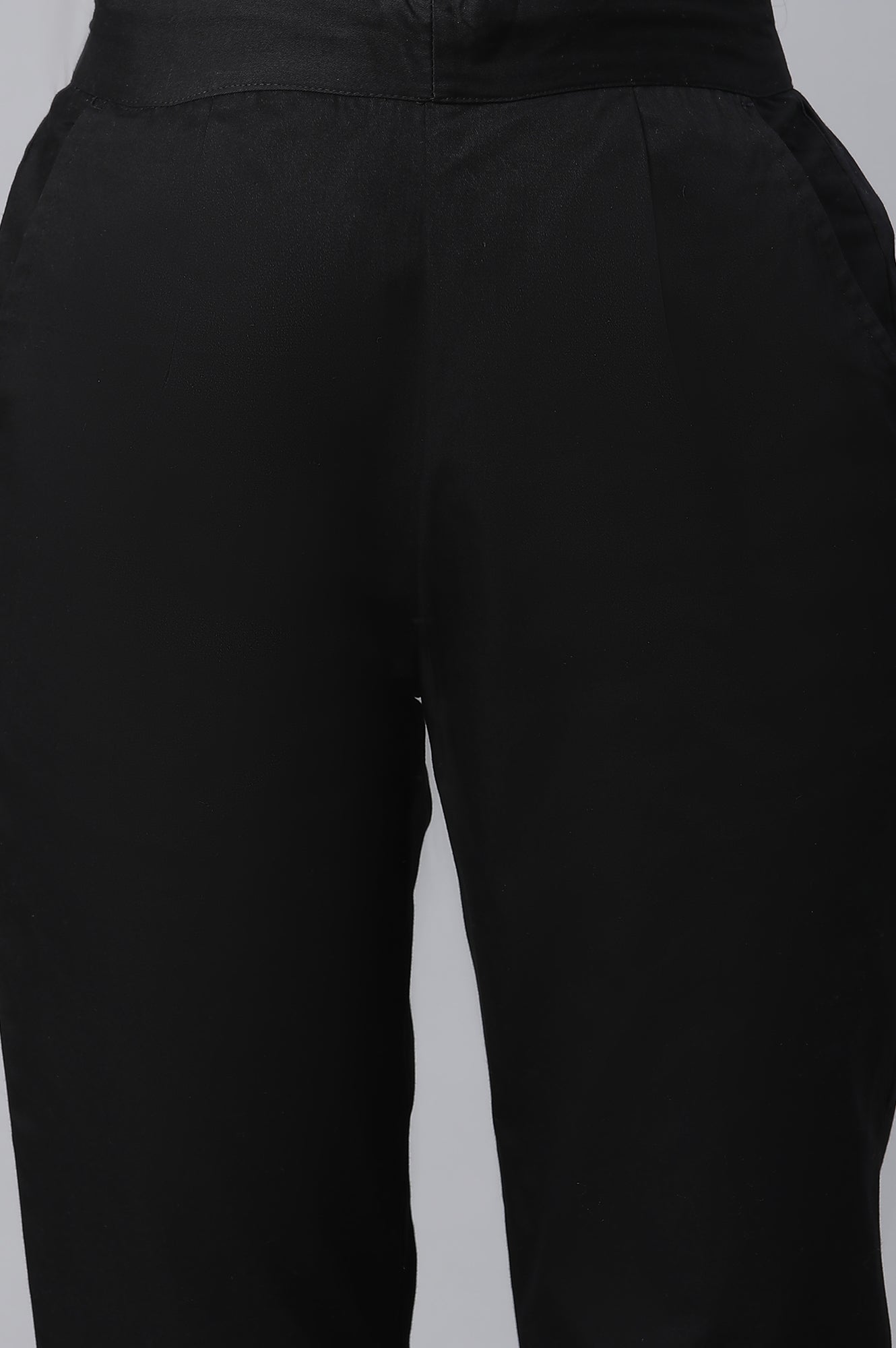 Black Solid Straight Fit Cotton Pants With Elasticated Waist