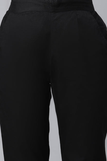 Black Solid Straight Fit Cotton Pants With Elasticated Waist