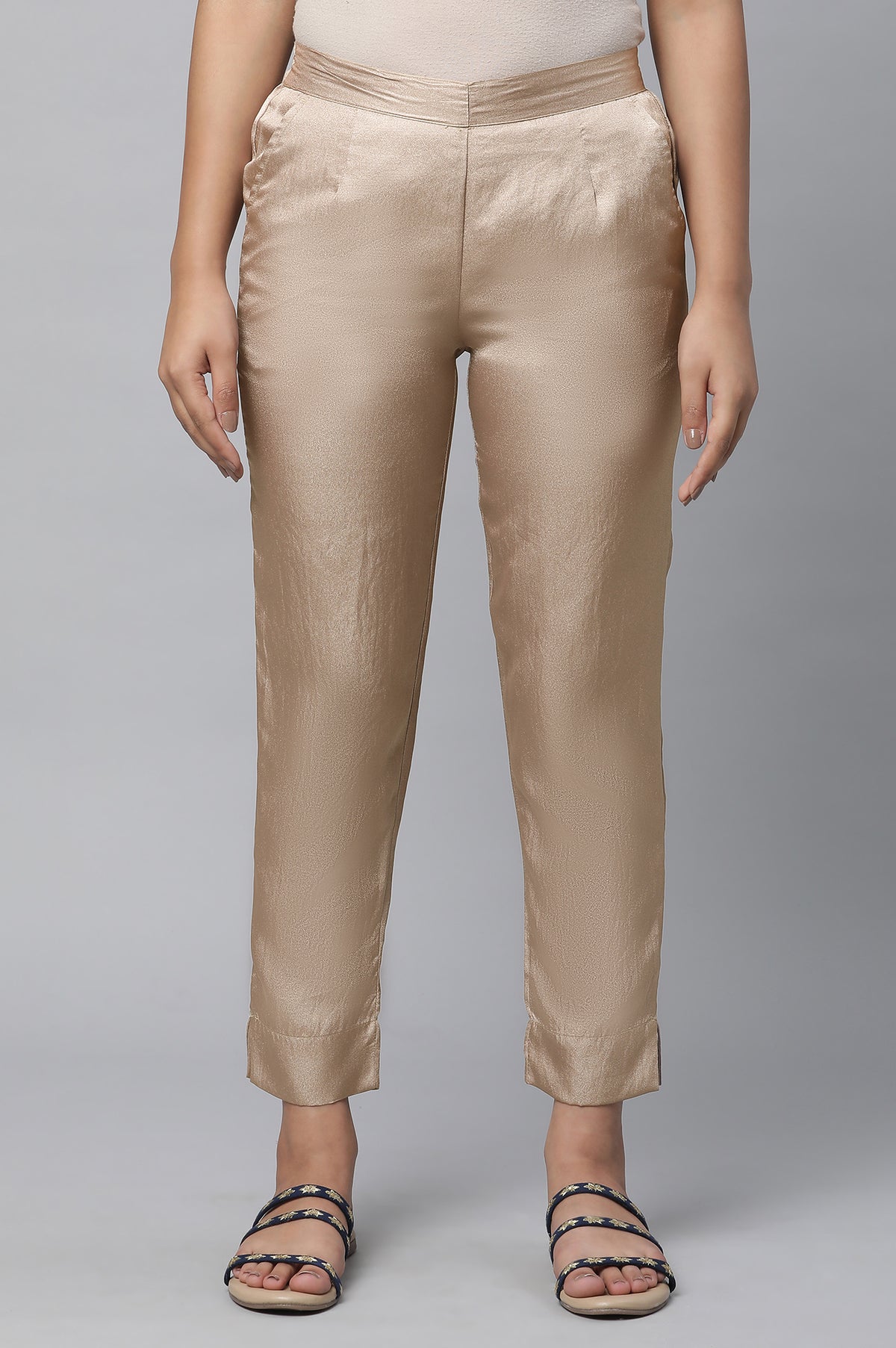 Elleven Women's Gold Solid Straight Fit Satin Pants With Elasticated Waist - XS