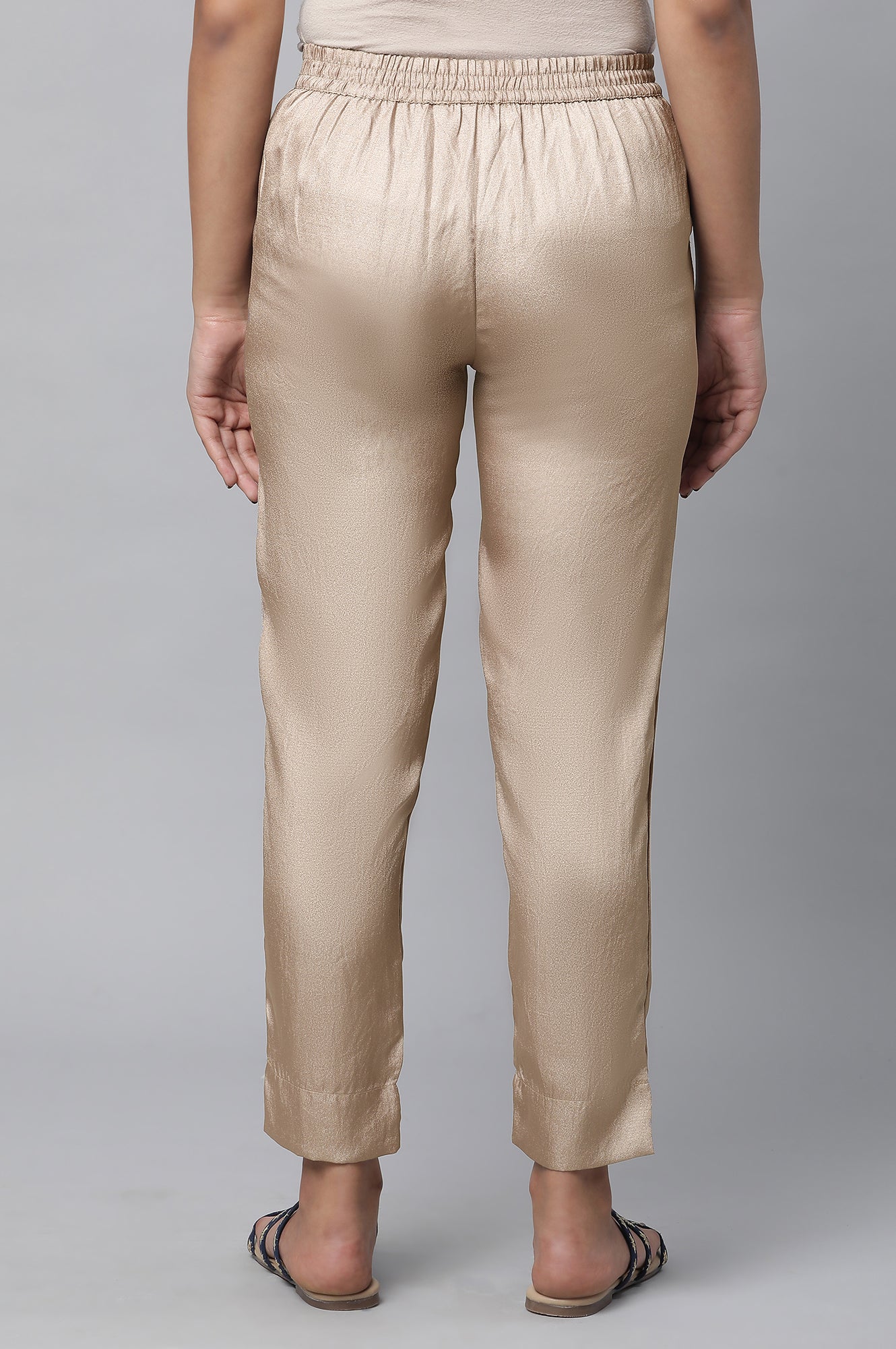 Gold Solid Straight Fit Satin Pants With Elasticated Waist