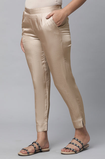 Gold Solid Straight Fit Satin Pants With Elasticated Waist