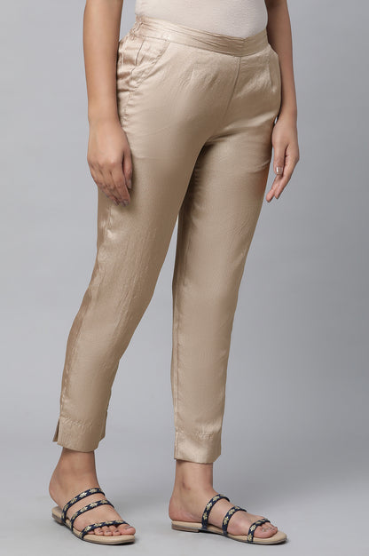 Gold Solid Straight Fit Satin Pants With Elasticated Waist