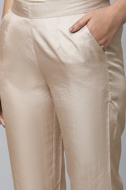 Gold Solid Straight Fit Satin Pants With Elasticated Waist