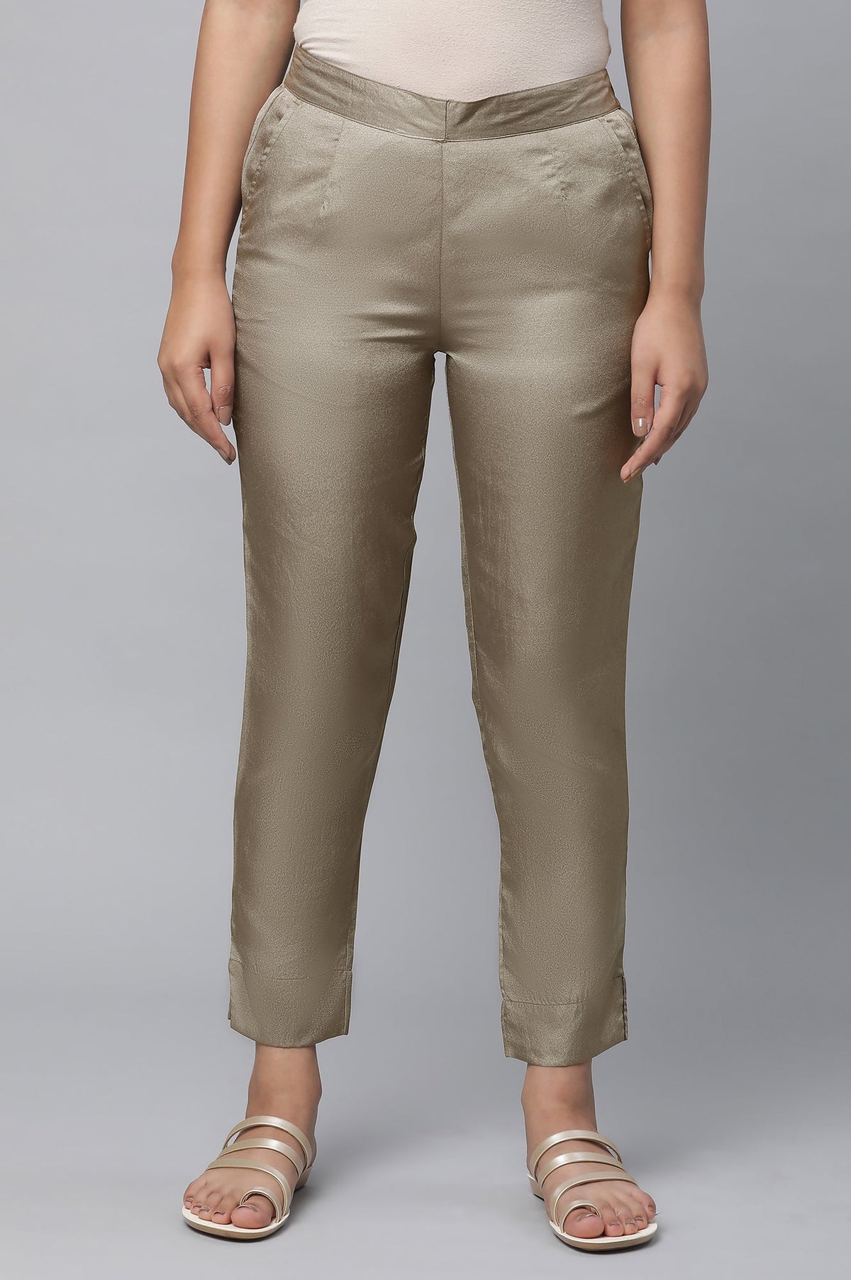 Olive Gold Solid Straight-fit Silk Pants with Side Pockets - XS