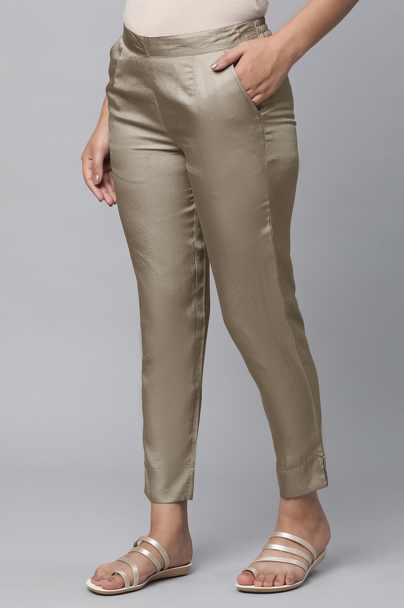 Olive Gold Solid Straight-fit Silk Pants with Side Pockets