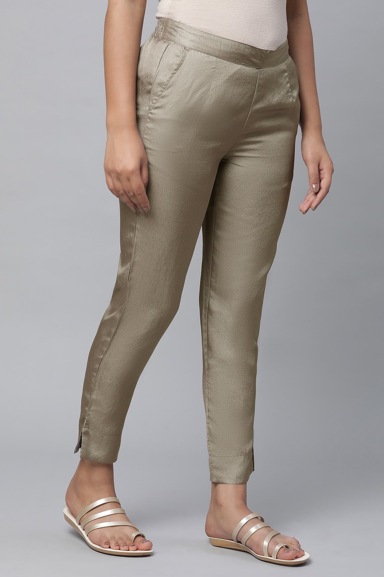 Olive Gold Solid Straight-fit Silk Pants with Side Pockets