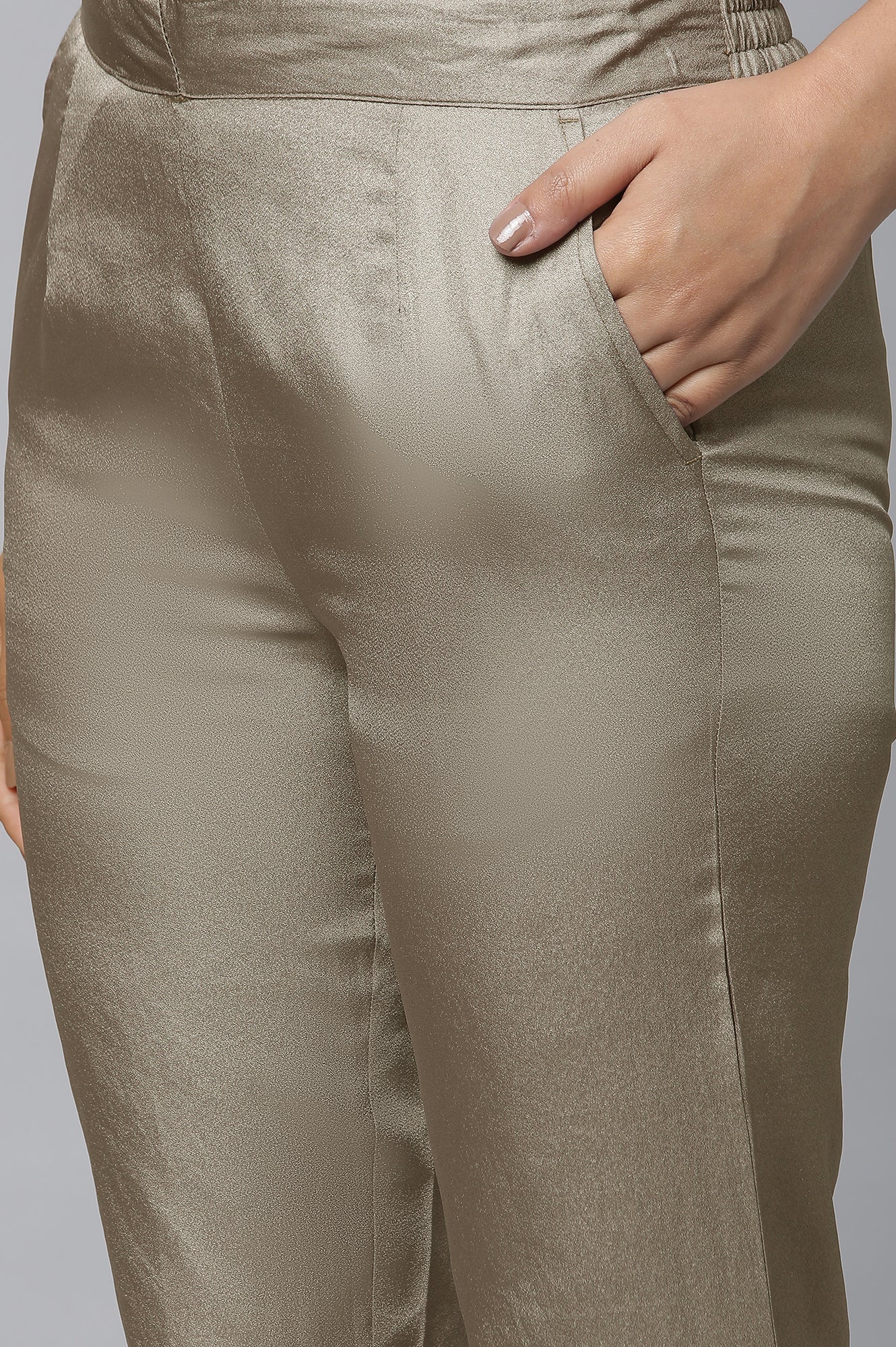 Olive Gold Solid Straight-fit Silk Pants with Side Pockets