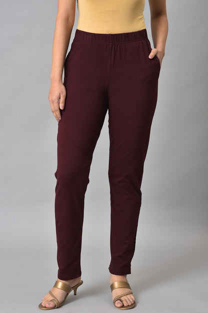 Maroon Solid Straight-fit Cotton Pants with Elasticated Waist