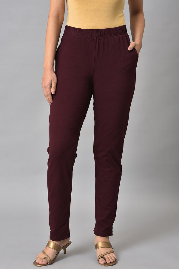 Elleven Women's Maroon Solid Straight-fit Cotton Pants with Elasticated Waist