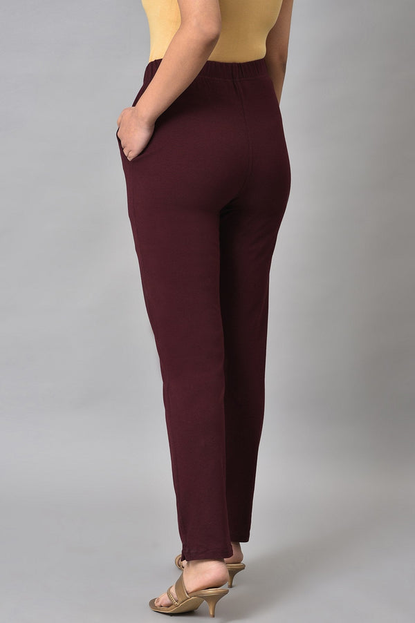Elleven Women's Maroon Solid Straight-fit Cotton Pants with Elasticated Waist