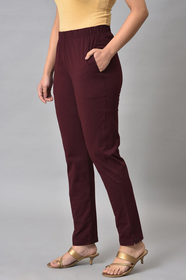 Elleven Women's Maroon Solid Straight-fit Cotton Pants with Elasticated Waist