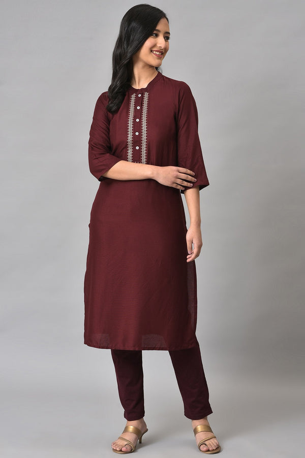 Elleven Women's Maroon Solid Straight-fit Cotton Pants with Elasticated Waist