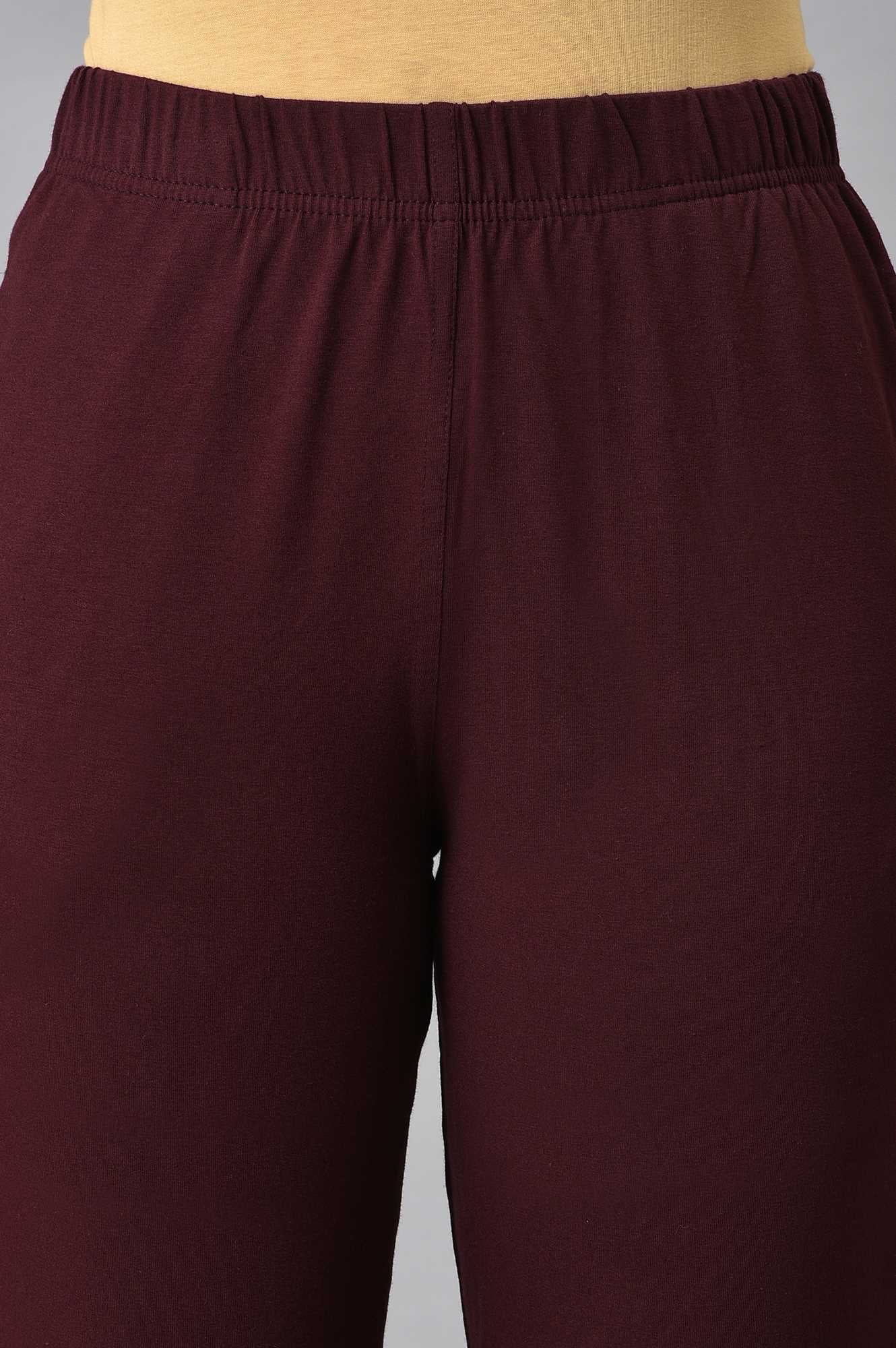 Maroon Solid Straight-fit Cotton Pants with Elasticated Waist