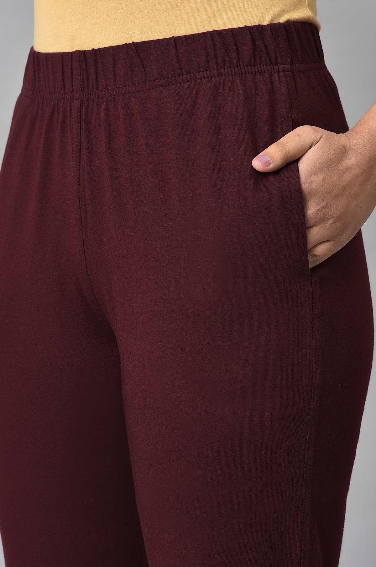 Elleven Women's Maroon Solid Straight-fit Cotton Pants with Elasticated Waist - XS