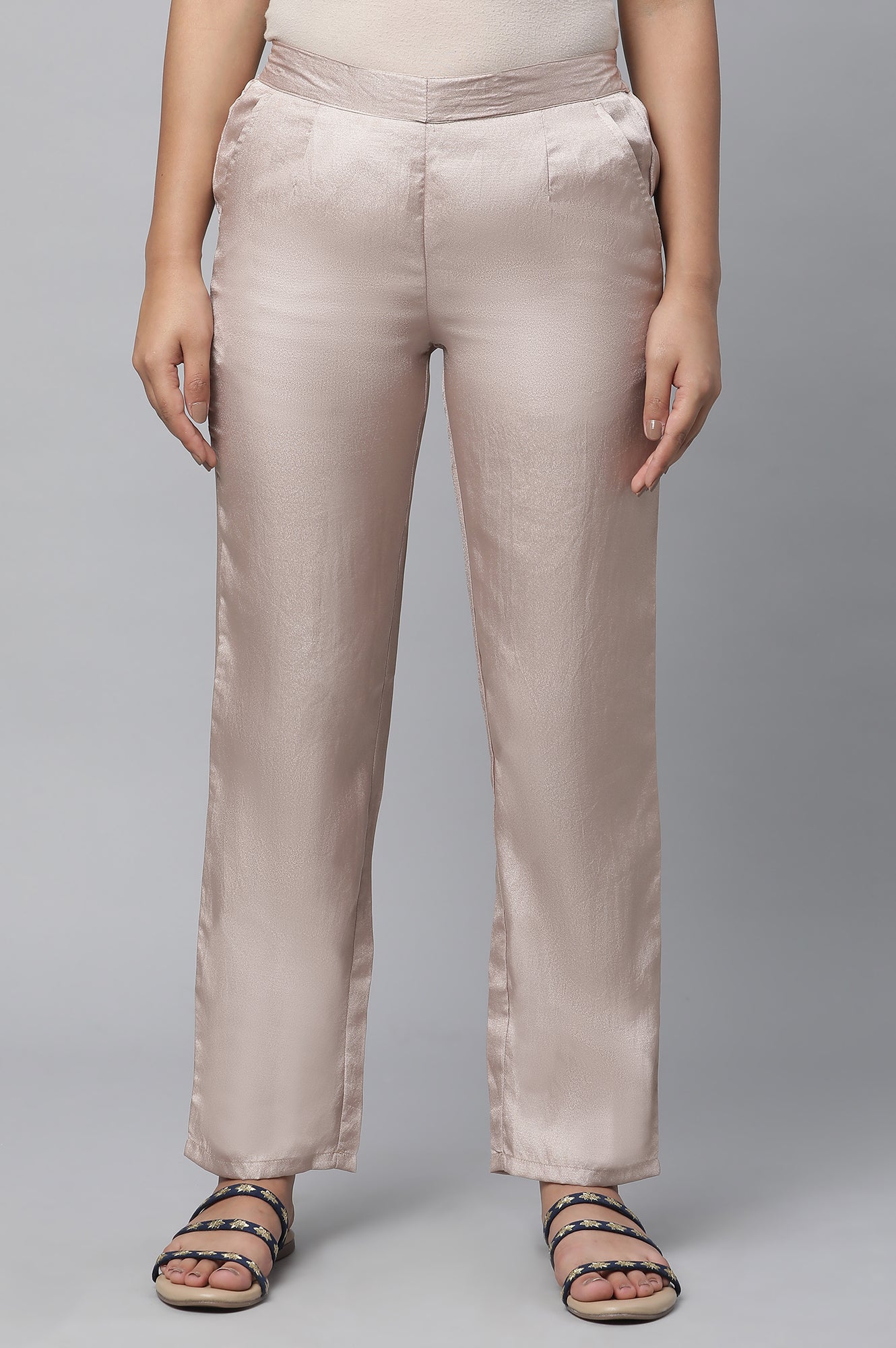 Gold Solid Straight Fit Satin Pants With Elasticated Waist