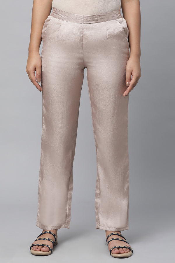 Elleven Women's Gold Solid Straight Fit Satin Pants With Elasticated Waist