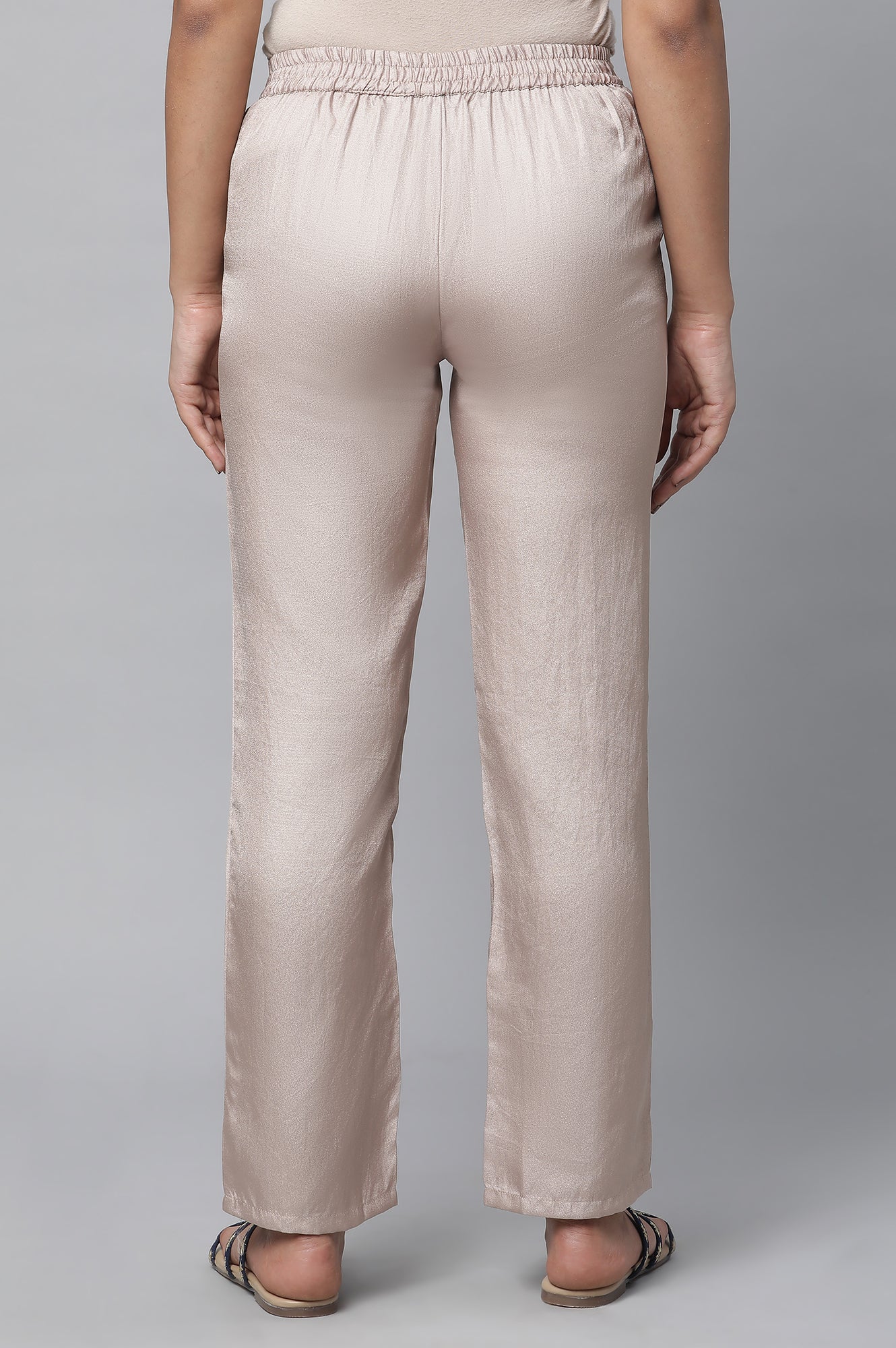 Gold Solid Straight Fit Satin Pants With Elasticated Waist