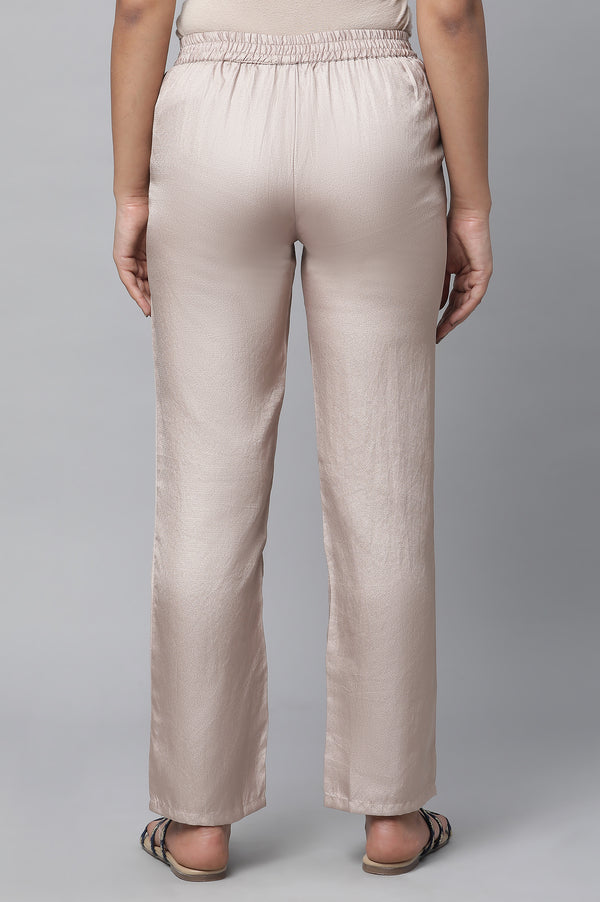 Elleven Women's Gold Solid Straight Fit Satin Pants With Elasticated Waist