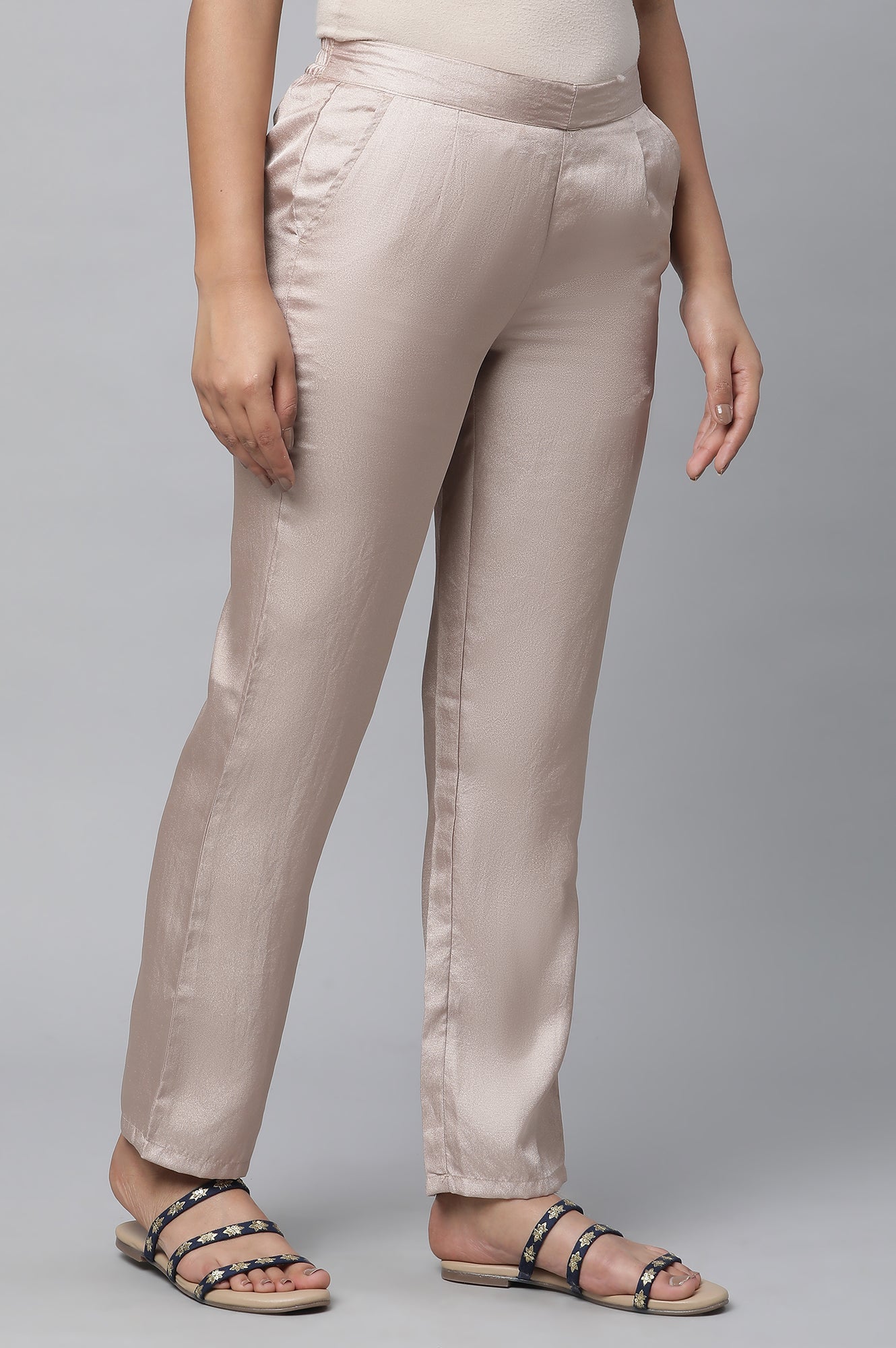 Gold Solid Straight Fit Satin Pants With Elasticated Waist