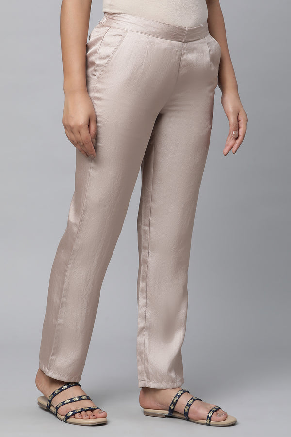 Elleven Women's Gold Solid Straight Fit Satin Pants With Elasticated Waist