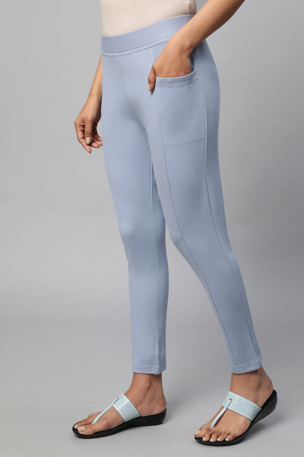 Light Blue Solid Skinny Fit Yoga Tights With Side Pockets
