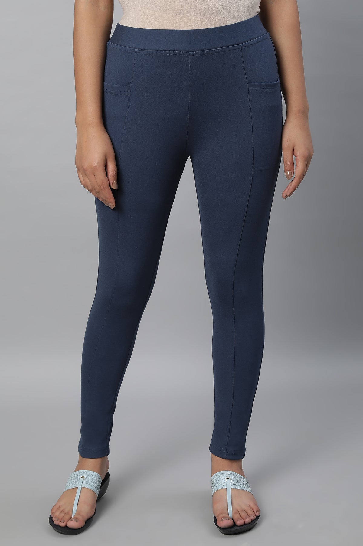 Elleven Women's Blue Solid Skinny-fit Knit Tights with Elasticated Waistband - XS