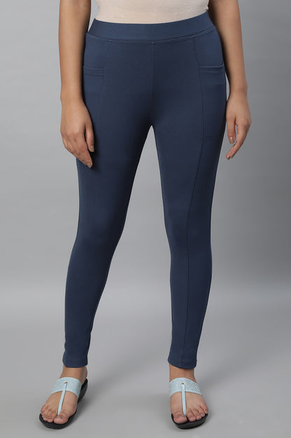 Blue Solid Skinny-fit Knit Tights with Elasticated Waistband