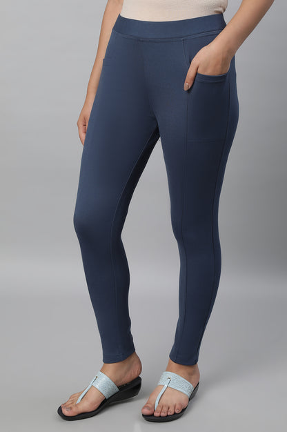 Blue Solid Skinny-fit Knit Tights with Elasticated Waistband
