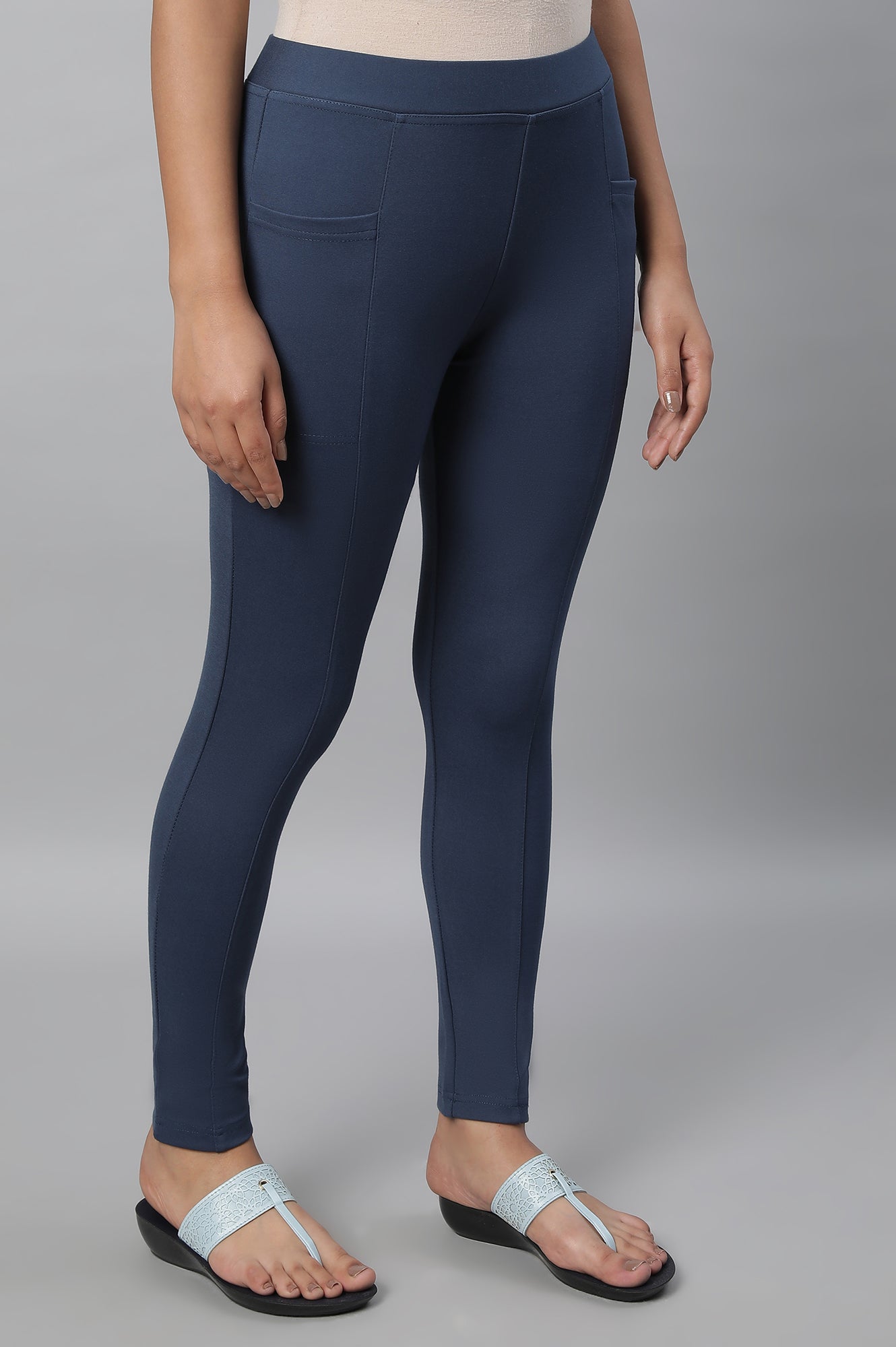 Blue Solid Skinny-fit Knit Tights with Elasticated Waistband