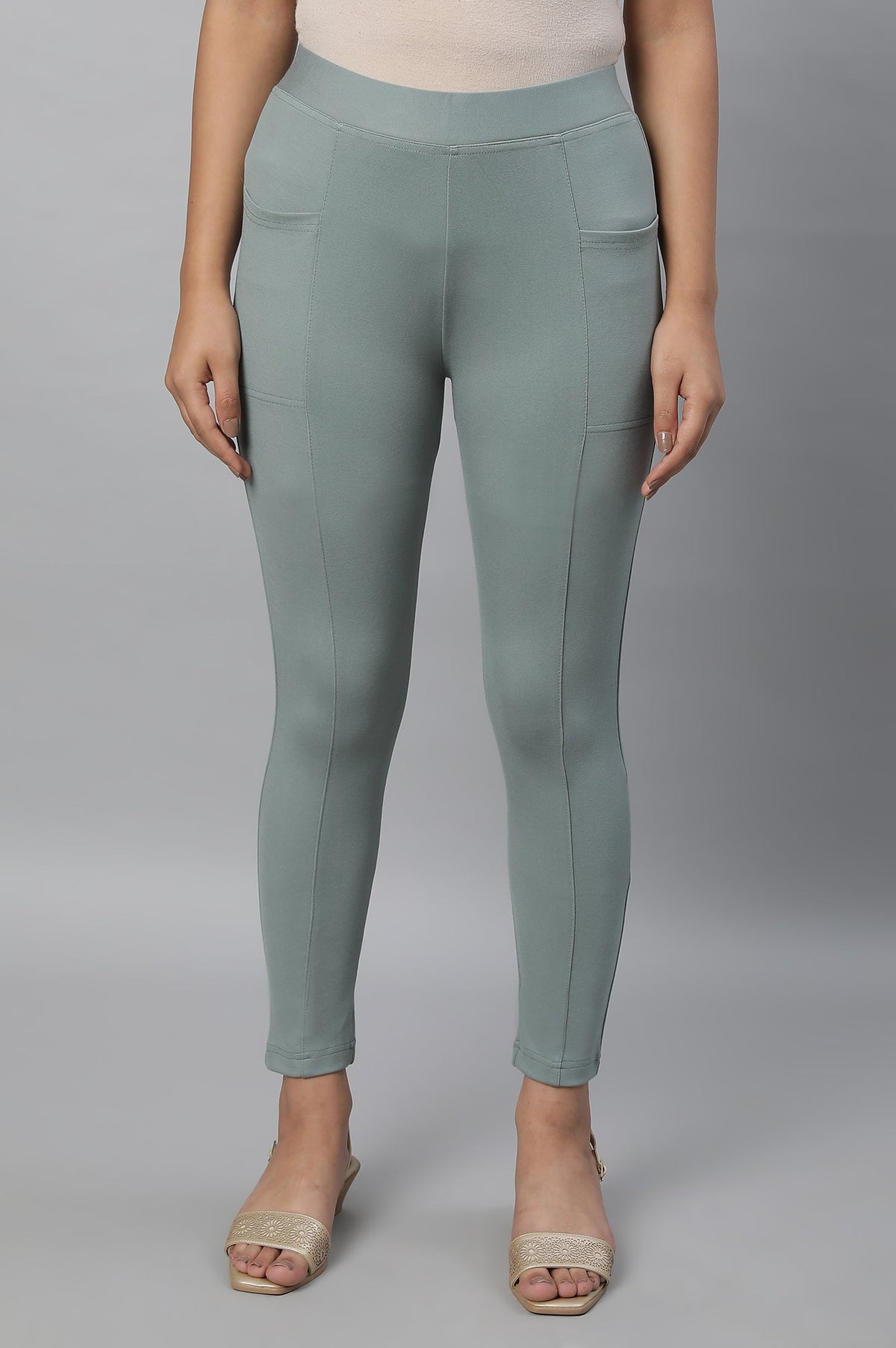 Elleven Women's Green Solid Skinny Fit Yoga Tights With Elasticated Waistband - XS