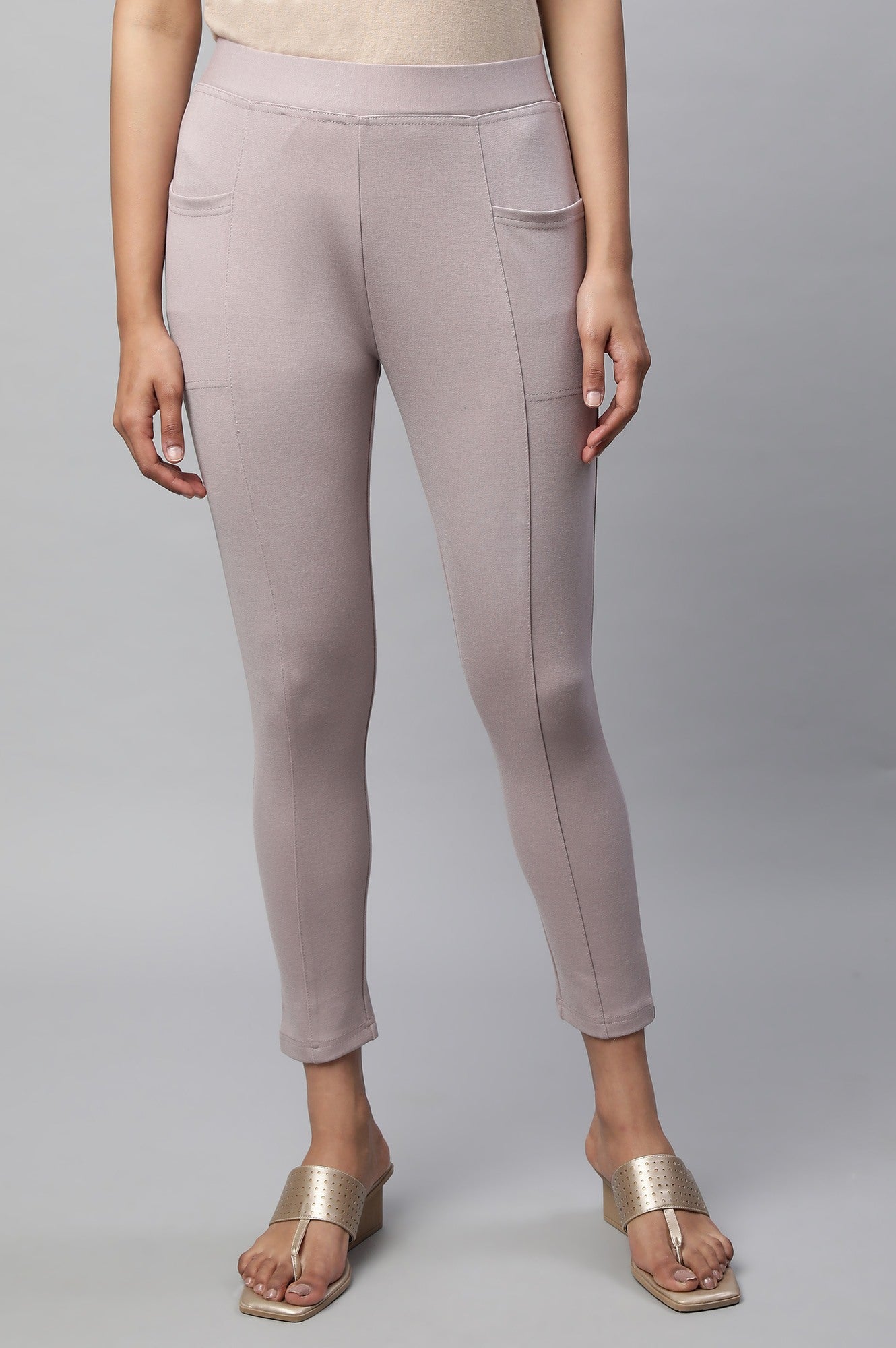 Light Purple Solid Skinny Fit Knit Yoga Tights with Side Pockets