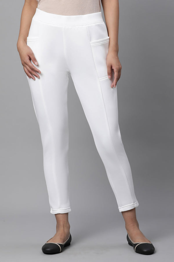 White Solid Skinny Fit Tights With Side Pockets