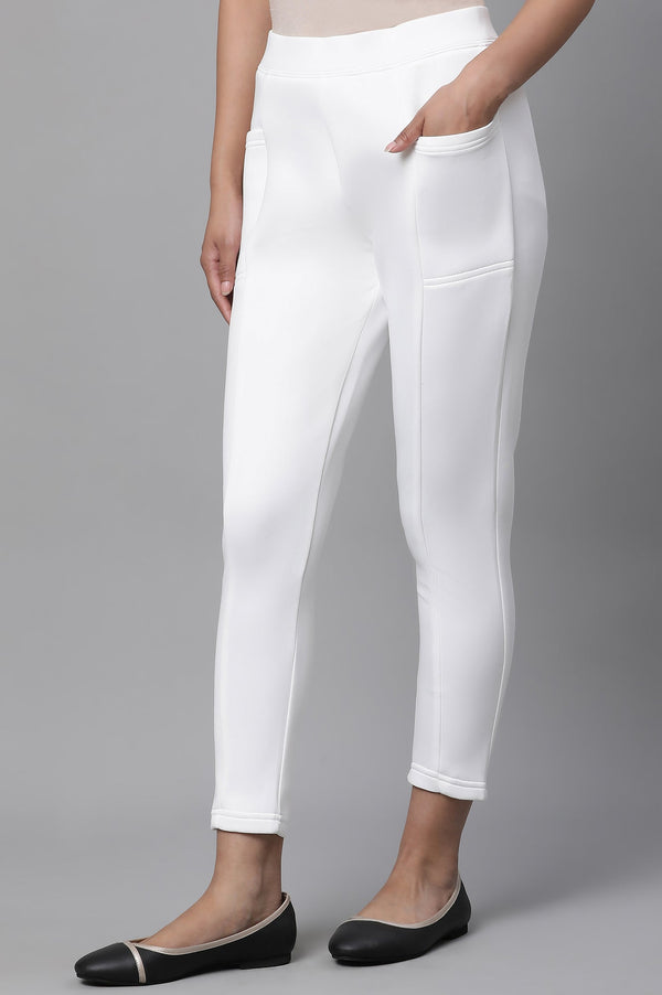 White Solid Skinny Fit Tights With Side Pockets