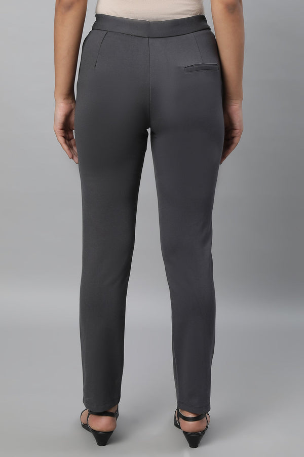 Grey Solid Straight Fit Trousers With Pintuck Detail