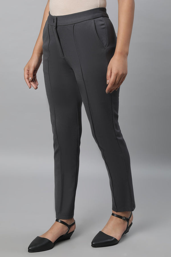 Elleven Women's Grey Solid Straight Fit Trousers With Pintuck Detail