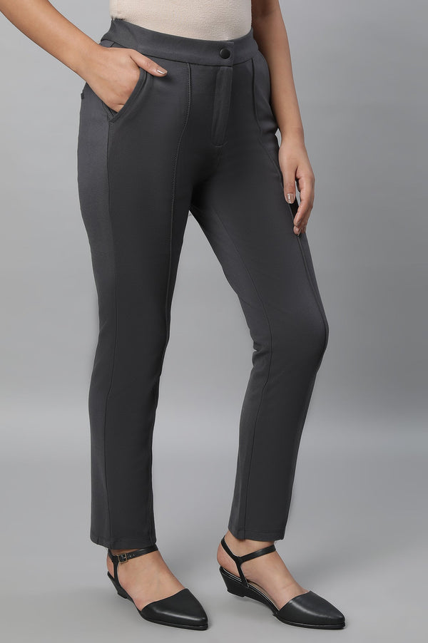 Elleven Women's Grey Solid Straight Fit Trousers With Pintuck Detail