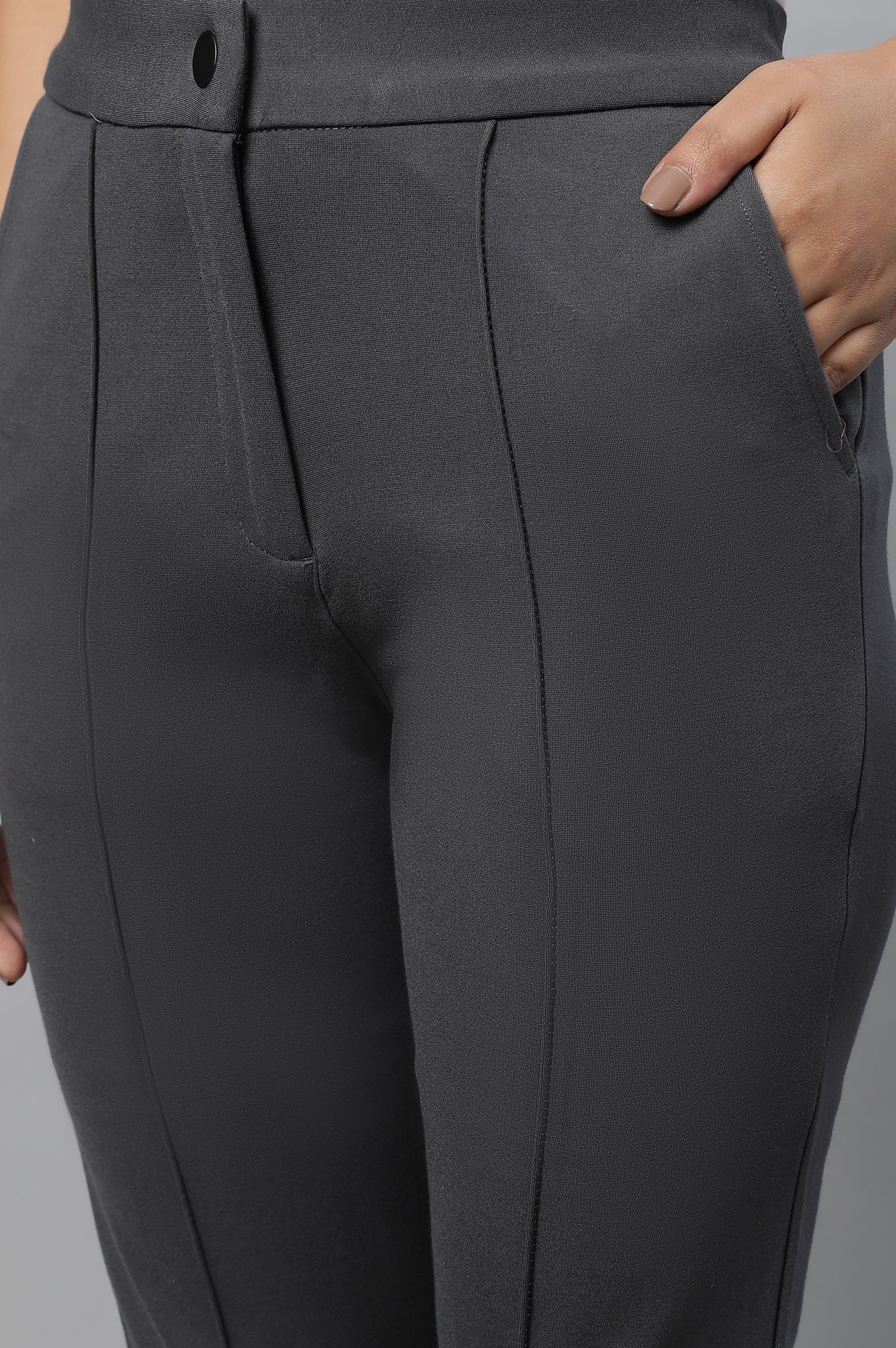 Grey Solid Straight Fit Trousers With Pintuck Detail