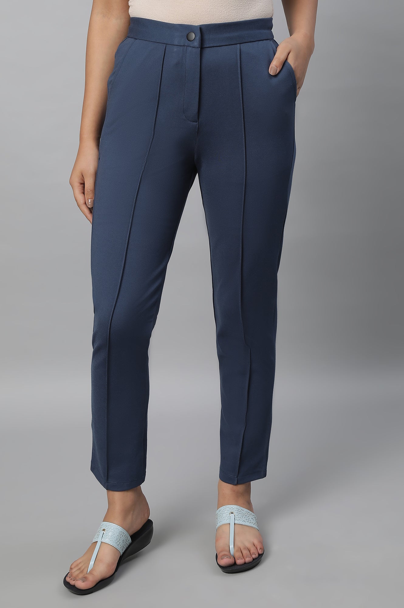 Blue Solid Straight-fit Knit Trousers with Pintuck Detail
