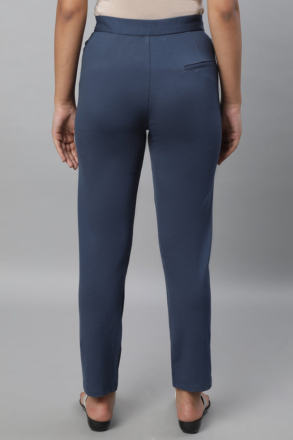 Blue Solid Straight-fit Knit Trousers with Pintuck Detail