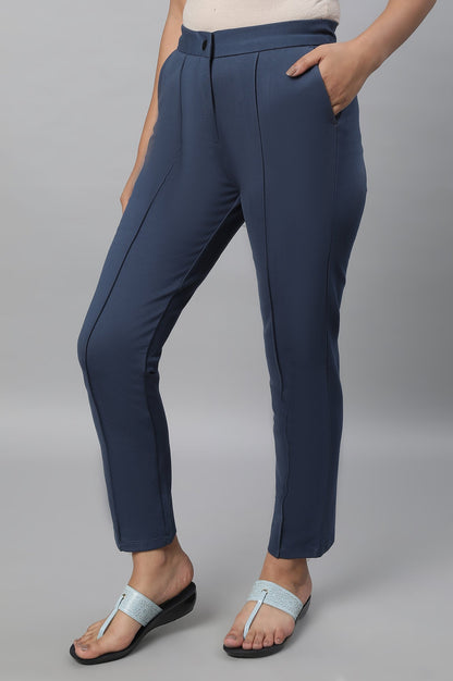 Blue Solid Straight-fit Knit Trousers with Pintuck Detail
