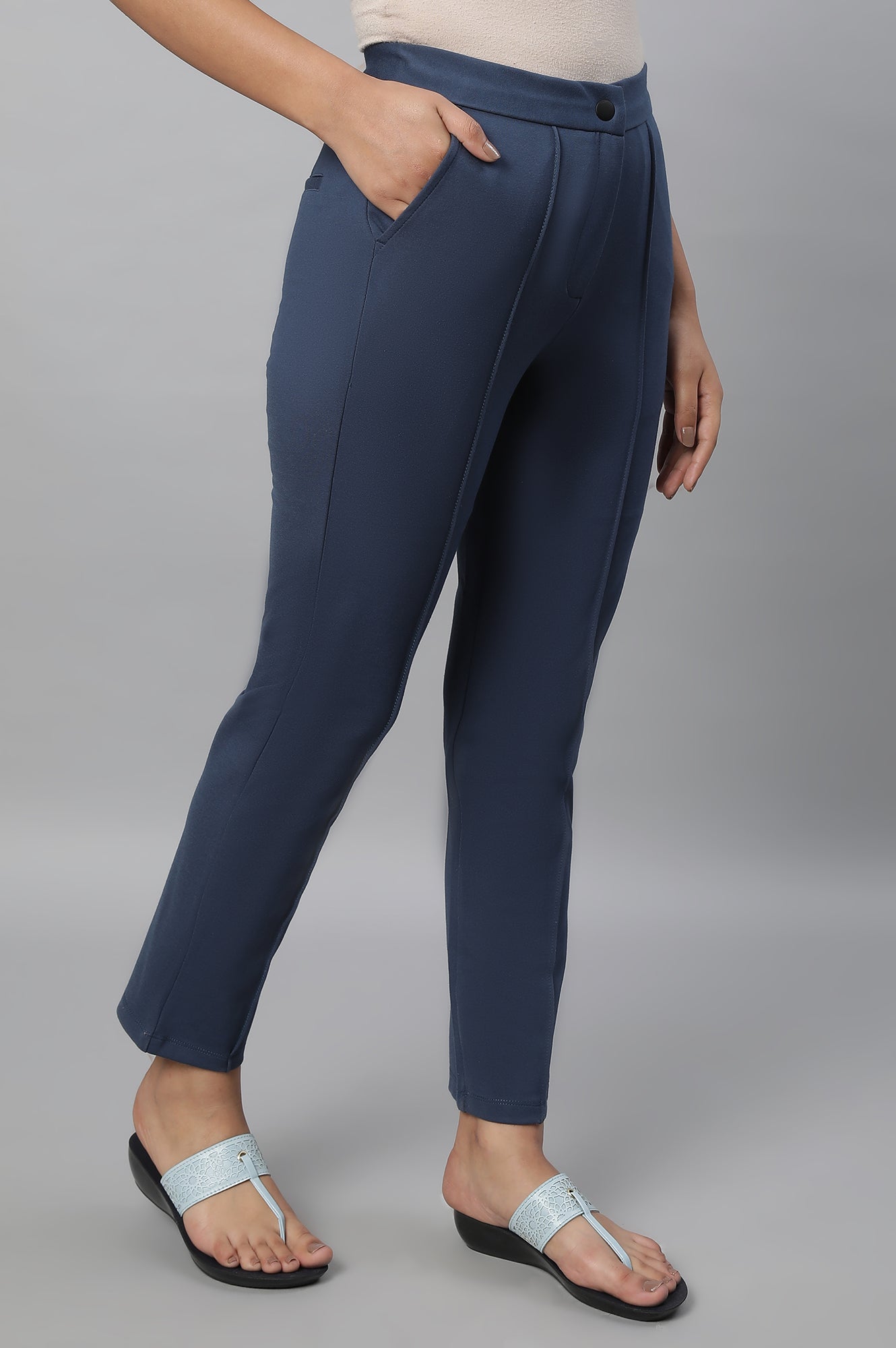 Blue Solid Straight-fit Knit Trousers with Pintuck Detail