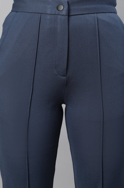Blue Solid Straight-fit Knit Trousers with Pintuck Detail